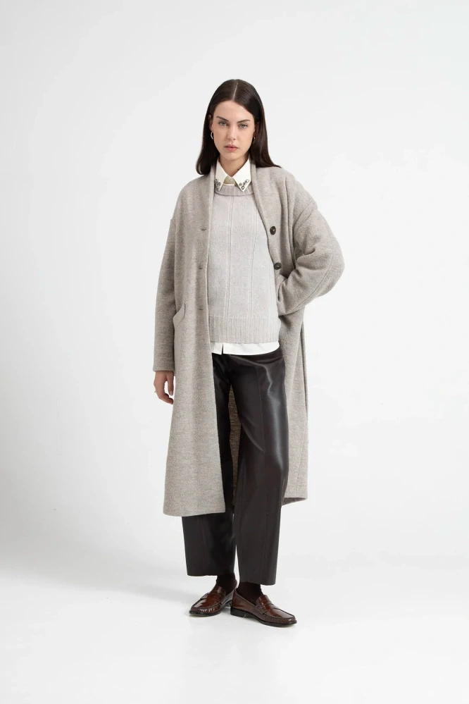Eufonia dlouhý kabát z vařené vlny s knoflíky a páskem