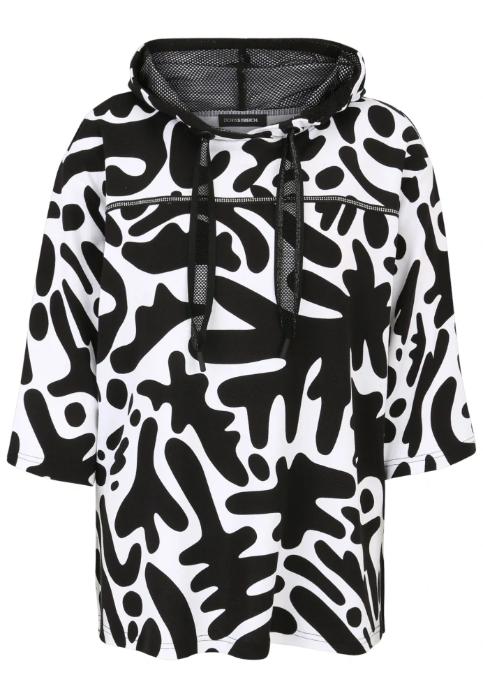 Doris Streich černo-bílá mikina s abstraktním vzorem a kapucí