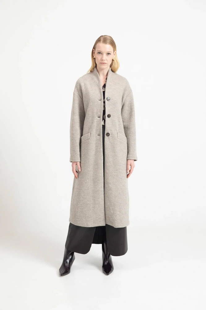 Eufonia dlouhý kabát z vařené vlny s knoflíky a páskem