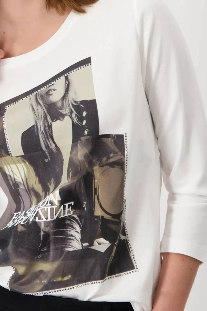 Monari elegantní tričko s 3/4 rukávy a potiskem bílý