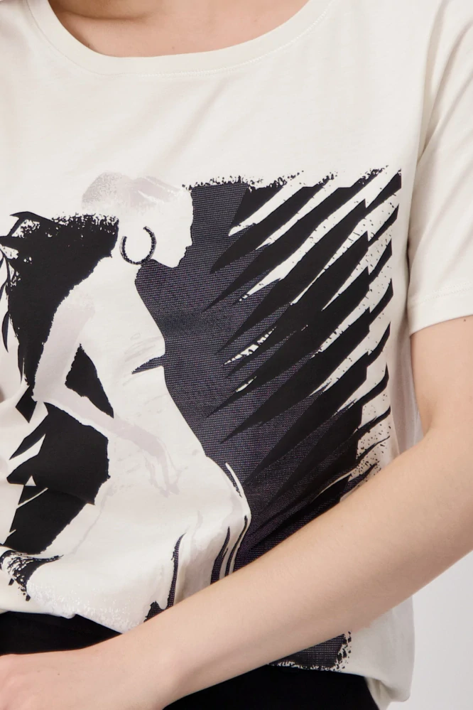 Monari béžové tričko s uměleckým potiskem elegantní ženy