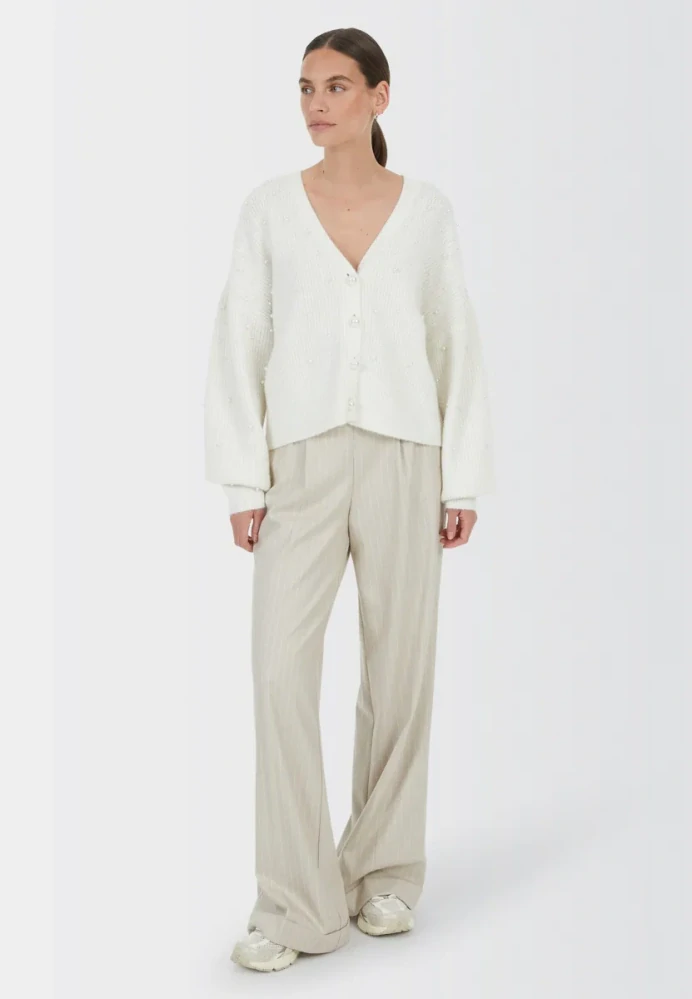 Marc Aurel krémový kardigan s perličkami a balónovými rukávy